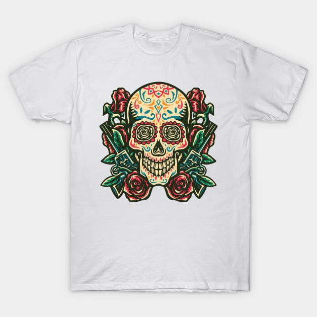 vintage sugar skull with gun rose T-Shirt by Spring Moon